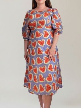 Gorman Purple Orange Face Heart Snake Print Midi Dress Puff Sleeve Artsy Unique